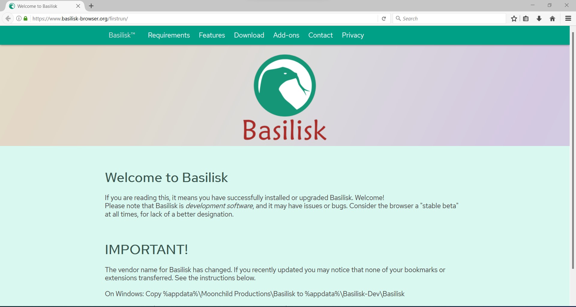 screenshot basilisk browser welcome page