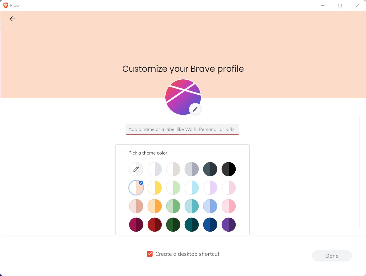 screenshot brave browser customize profile
