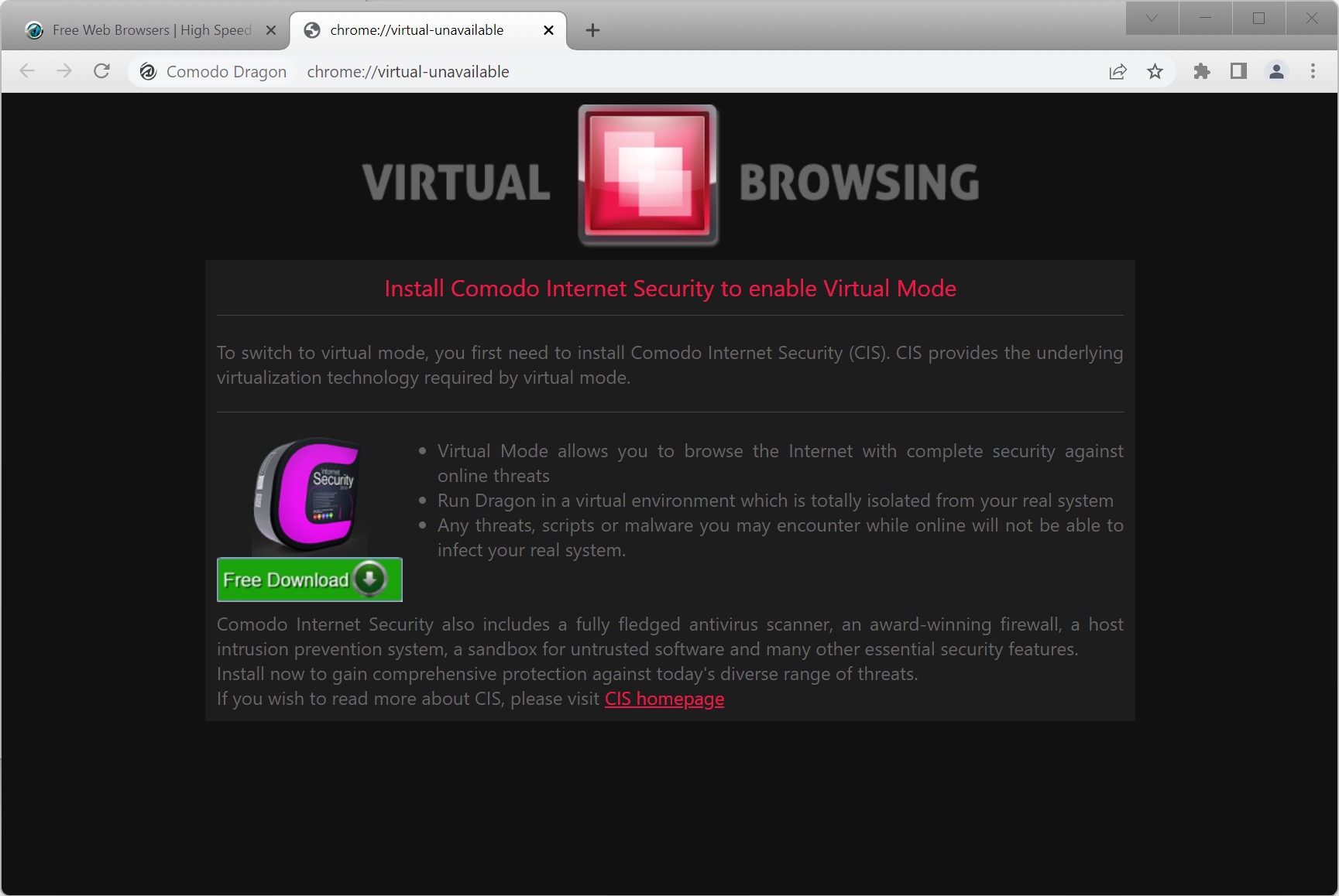 screenshot comodo browser virtual mode virtual browsing