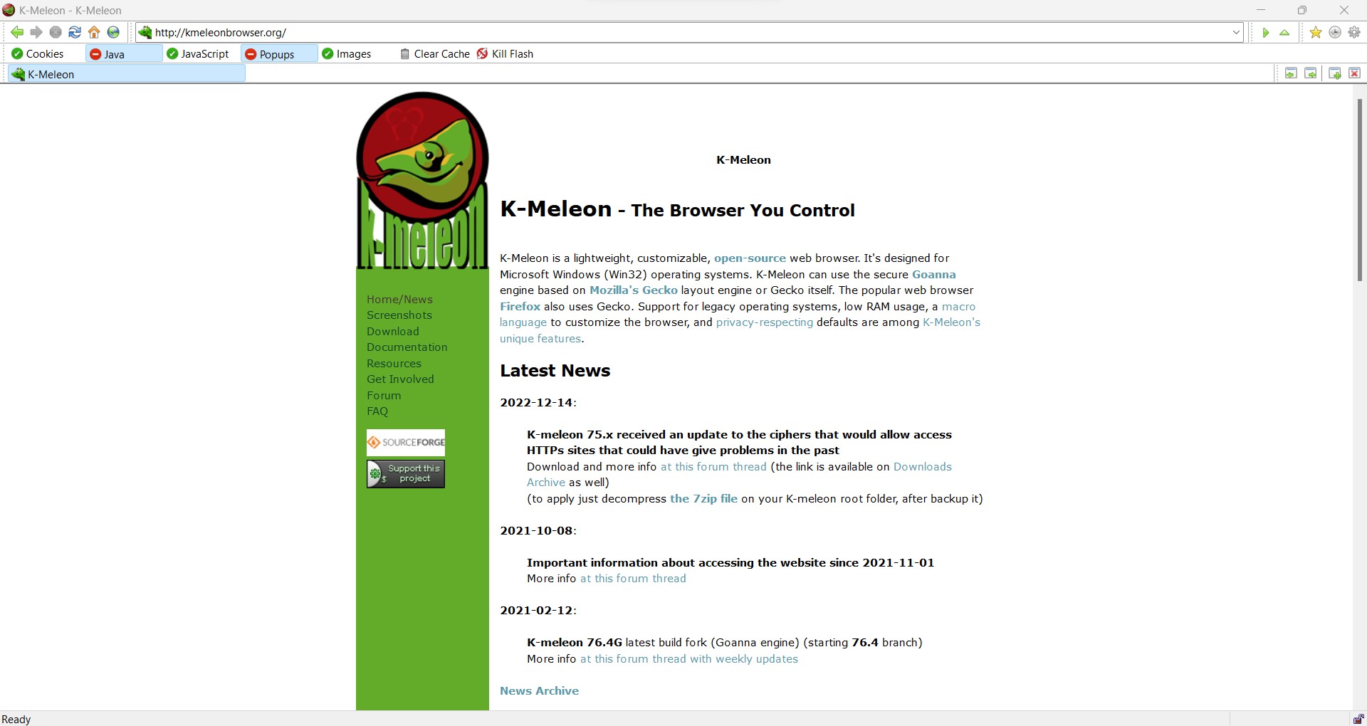 screenshot k-meleon browser kmeleonbrowser.org