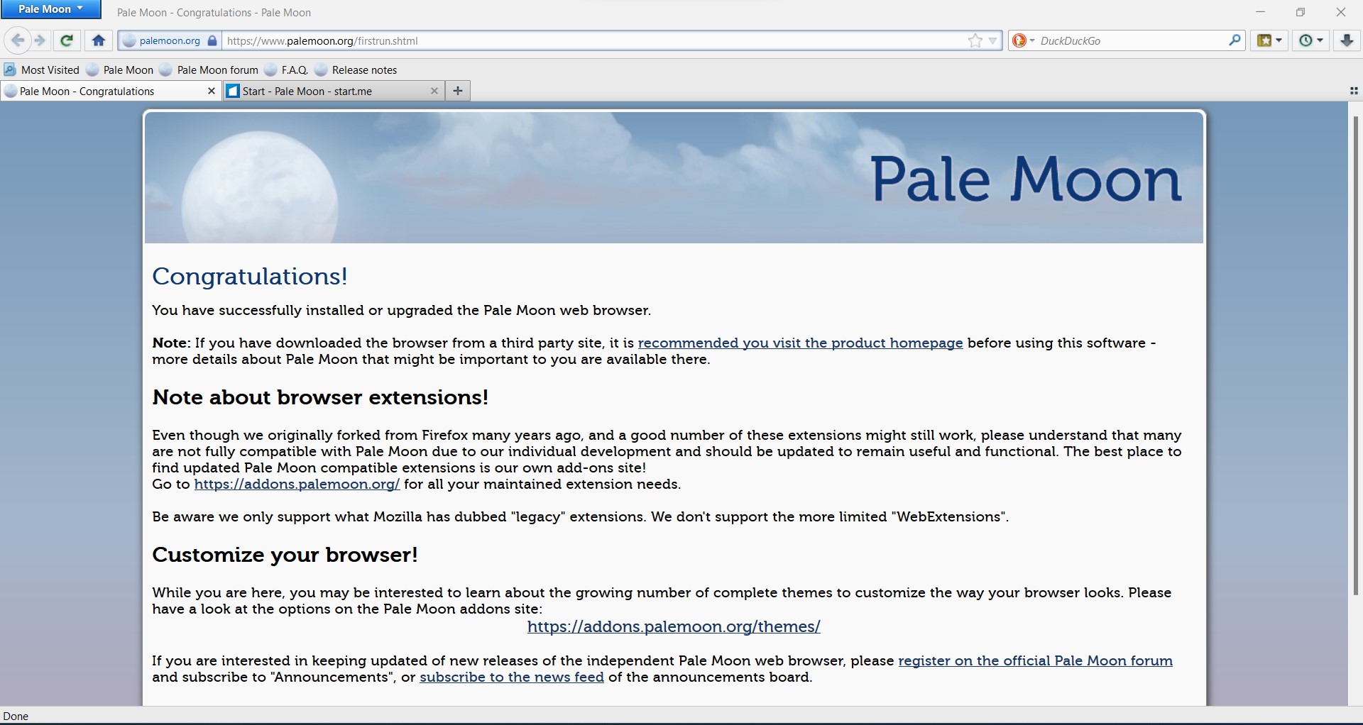 screenshot palemoon browser firstrun page