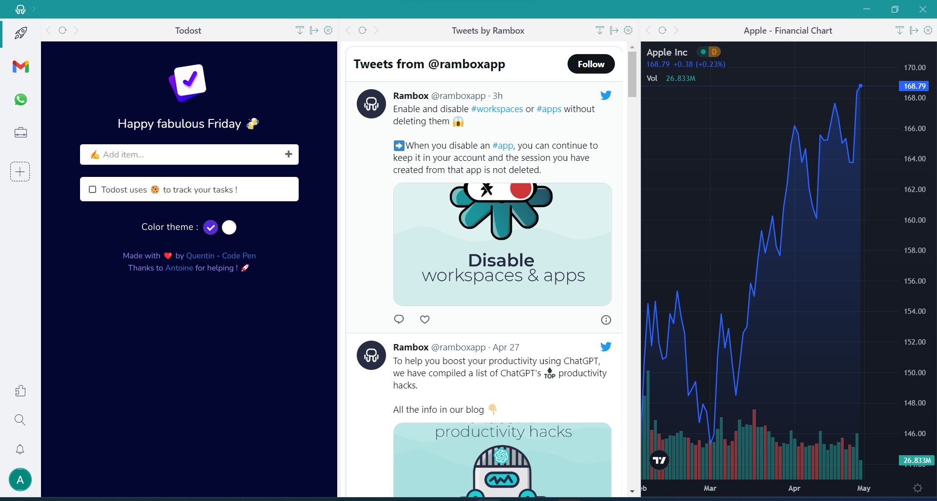 screenshot rambox browser tweets financial chart