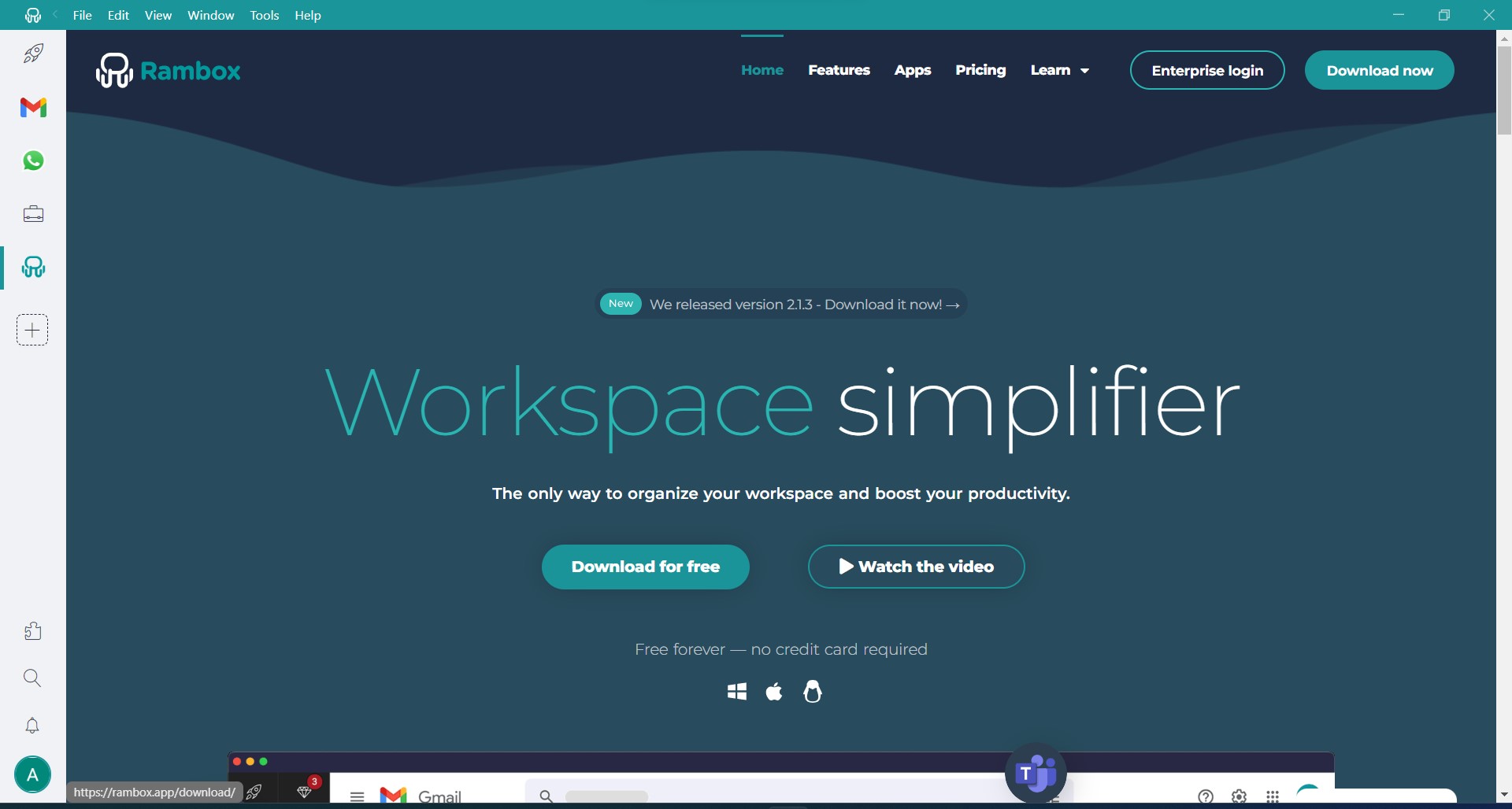 screenshot rambox browser workspace simplifier