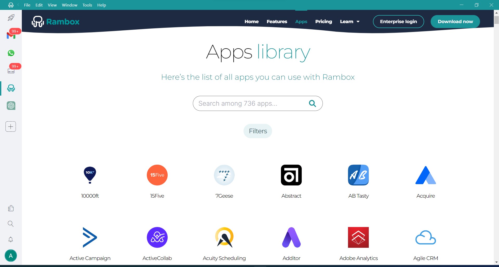screenshot rambox browser apps library