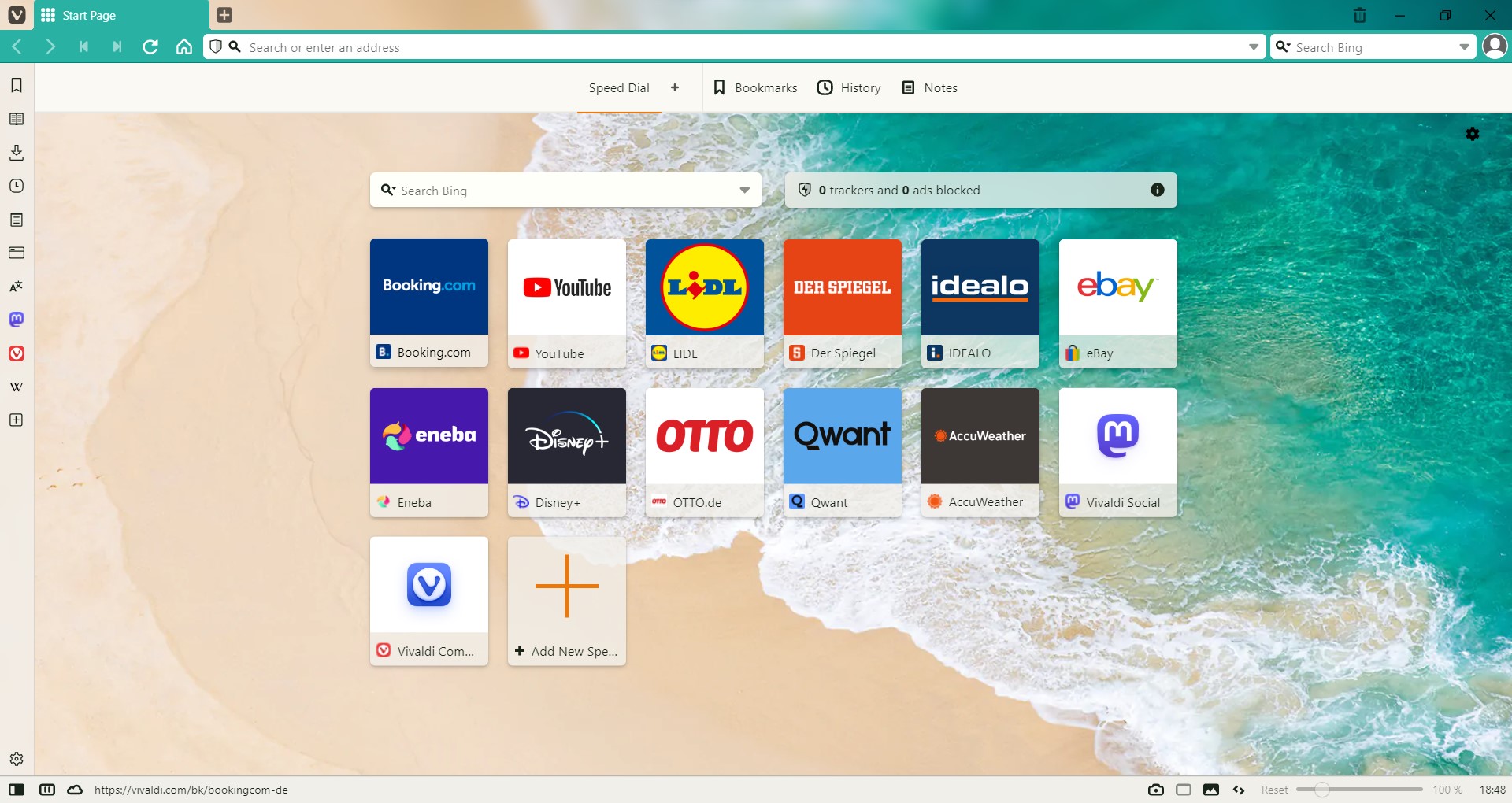 screenshot vivaldi browser speed dial with background